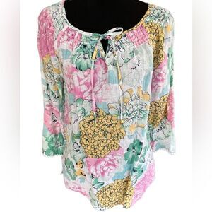 Charter Club Linen Luxury 100% linen floral tie front top size S